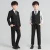 Children's spring and autumn boys and teenagers black and grey striped small suit five-piece set (suit + waistcoat + trousers + tie + shirt)