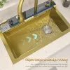 Goldener Küchenspüle Edelstahl Wasserfall Waschbecken geprägtes Digital Display Einschlitz Multifunktionales Goldwaschbecken Topmount