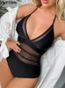 Vigoashely Sexy Black Leta Halter Swimwear Women Mesh Patchwork Push Up One Piece Swimsuit Monokini BAME STRADA SULLA SUGGERIMENTO 240423