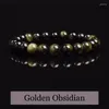 Strand Natural Golden Obsidian Stone Beads Bracelet Men Women Light Rainbow Raw Round Bead Energy Jewelry