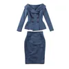 Werk jurken 30- Vintage 50s stijlvolle 2-delige set in blauw elegante boothals jas hoge taille wiebel koker roksets plus size jas