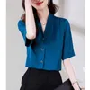 Bluzki damskie kobiety Sumno koreańskie satynowe koszule guziki biuro eleganckie biznesowe solidne v szyja krótkie rękawy szczupłe topy