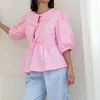 Frauenblusen Frauen Puff Kurzarm Peplum Hemden Krawatte vorne Rüschen Saumbluse Tops Teen Girls Schnürung niedes Sommer Ladies Ropa de Mujer