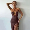 INS Spring New Sexy Spicy Girl High Split Wrinkle Hanging Neck Style Elegant Chest Show Long Dress F42833