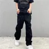 Y2K Black Pocket Jeans Mens Street Wear American Retro Printed Letterpants Straight Hip Hop Loose Denim Shorts 240426