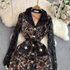 Casual Dresses 2024 Runway Autumn Embroidery Hollow Out Lace Dress Elegant Women's Notched Collar Golden Single Breasted Bodycon Midi