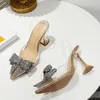 Liyke Fashion Crystal Sequined Bowknot Women Pumps Sexiga spetsiga tå höga klackar bröllop prom skor damer pvc transparenta sandaler 240422