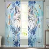 Gordijn waterverf met wolf bloem veer sneeuwvlok blauw voile pure gordijnen woonkamer raam tule slaapkamer gordijnen home decor