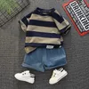 0-5 year old baby boy clothes set summer solid color striped casual childrens short sleeves fashionable handsome shorts two-p 240426