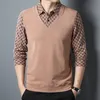 Mens Spring and Autumn Fashion Plaid Fake Two Piece Set POLO Thin Personalized Versatile Comfortable Warm Bottom Shirt 240420