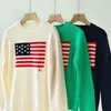 Designer Women's Wool Sweater, Handmade American Flag Long Sleeve Knit Sweater, High Quality Flag Cashmere Sweater Stylish Versatile Design