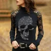 Fashion Skull Drill Print Print Dames T-shirt automne en dentelle solide Sexy Femmes Tshirt Y2K Gothic Tee Long Manche de bureau Clothes Tops 240416