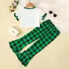 Kledingsets Summer St. Patrick's Day Kids Girls Broek Witte korte mouw Clover Print Tops Green Plaid Flarding