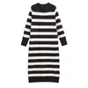 Casual Dresses Black White Striped Knitted Midi Dress Women 2024 Autumn Long Sleeve O-Neck Sweater Femme French Slim