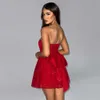 Hot att sälja ny klänning, sexig trend, mesh -skarvning, en linje krage, axelbandslös, rygglös kort kjol för kvinnor F42845