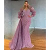Party Dresses Purple Sparkling Prom Dress Long Sleeves Satin Lace Sequins Beaded Hollow Mermaid Plus Size Evening Gowns Custom Made