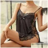 Vérinères pour femmes Summer Femmes Y Pyjama Nightgown Satin érotique confortable Sleepdress Bandage Hollow Out Lingerie Lace Drop Delivery App Deping Ot5JW