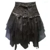 Skirts High Quality Women Denim Mesh Patchwork Lace Skirt Waist A Line Asymmetric Frill Tulle Gothic Chic Faldas Mujer 2024