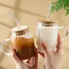 Verres à vin Gobelet en verre avec couvercle et pailles 15/20 oz de poignée de tasse d'eau potable pour le jus de thé à café glacé boisson