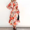 2023 Autumn Long Sleved geplooide feestjurk Casual High Taille Holiday Maxi Ladies Vneck Floral Print Boheemian 240419