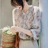 Camicette da donna Donne in stile francese camicie stampate floreali vintage eleganti ardesia manica lunga camicetta chiffon casual collare collare ciotto