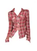 Women's Blouses Harajuku Women Basic Plaid Overshirt Puff Sleeve Elegant Vintage Office Lady Red Casual Polo-Neck Shirts Y2K Streetwear