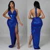 Vestidos casuais cetim Bandagem sexy Bodycon Dress Clothing Clooding Halter Backless Party para Club Drawstring High Slit Maxi