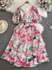 Party Dresses Summer Gorgeous Flower Printing Elegant Holiday Puff Sleeve V-Neck Slim Belt High Waist Bohemian Robe Long Vestidos