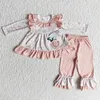 Kläder set grossist barn blomma ko kläder baby flicka långa ärmar broderi set ruffle rosa prickar byxor småbarn barn outfit