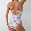 Women's Swimwear Fashion Floral Sling Bikini U-neck Hollow Out Drawstring Swimsuit High Waisted Monokini Swimwears Trend Women Beach Bathing