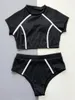 Kvinnors badkläder Bikini Set Sexig svart hög midja baddräkt Kort ärm Crop Top Bottom Women Ribbed Bathing Suit White Randig Bather