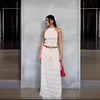 Sexy Halter Backless Crop Top Long Skirt Women 2 Piece Set Summer Fold Lace Up Beach Vacation Outfits Elegant White Suits 240422
