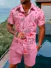 Mens Sportswear 2 Parça Sıradan Plaj Tarzı Polo Gömlek Kısa Kollu Düğme U Yukarı Tshirt ve Şort Gündelik Erkek Giyim 240416