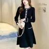 Lässige Kleider hochwertige Modepocket Strick Mini Frauen Herbst Elegant Puffärmel Vintage Kontrast Farbfartparty Kleid