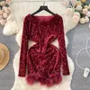 Lässige Kleider sexy flauschige lange Ärmel Pailletten O-Neck Velvet Kleider Chic Evening Party Club Frauen Schlanker zeremonieller Hüfte Wrap