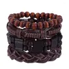 Заклинание браслеты 4pcs/Set Hippie Punk Macrame Clots Traph Brown Black Leather Wy Beads Слои Сложные обертывания