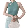 Kvinnors tankar Kvinnor Neckhalter Top Solid Color Chinese Knotting Oregelbundet Cheongsam Summer Bustier Crop Tops ärmlös