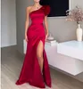 One Shoulder Evening Dress Long A Line Burgundy Satin Formal Party Prom Gown with Slit