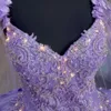 Robes Quinceanera paillettes violettes Light Spaghetti Spaghetti avec enveloppement Sweet 15 robes 3d Fleur Appliques de bal de bal perle Vestide du sol Vestidos