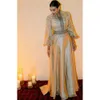 Marokkaanse avond gouden elegante kaftan jurken lange mouwen een lijn Arabisch formele ocn -jurken Appliques High Neck Satin Celebrity feestjurk voor vrouwen Rabic Ppliques