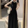 Casual jurken Vintage mouwloze zwarte Franse stijl Elegant Solid Backless Long Dress Summer Office Lady tanktop Vestidos 28138