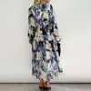 2023 Autumn Long Sleved geplooide feestjurk Casual High Taille Holiday Maxi Ladies Vneck Floral Print Boheemian 240419