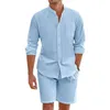 Täglich lässige atmungsaktive Baumwollwäsche -Outfits Herren Vintage Stand Collar Buttonup -Hemden und Shorts Sets für Männer Kleidung Sommer 240415