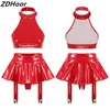 Bras Sets Womens Patent Leather Lingerie Nightclub Outfit O Ring Halter Backless Crop Top With Built-in Thongs Ruffle Miniskirt