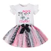 Infantas crianças roupas princesas conjuntos de garotas cartoon letra imprimida falbala fly shirt arcos de camiseta splicing splicing lace tule skirt 2pcs roupas de bebê z7930