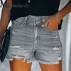 Kvinnors hög midja skarvknapp Tre kvart byxor mode trend trasiga hål streetwear kvinnliga sommar casual denim shorts 240418