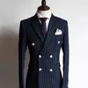 Costumes pour hommes Stripe Business Formal Hommes avec 2 pcs 2 PCS Custom Navy Blue Groom Weddos Tuxedos Veste de mode masculine Pantalon