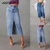 Salia de jeans de jeans dividida feminino Saias de minimalismo para mulheres de streetwear wasit jean feminina longa moda esqui 240424