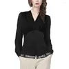 Women's Blouses 2024 Spring Long Sleeve Black Chiffon Blouse V-Neck Bottoming Shirt Slim Cinched Waist Lace Spliced Fashion Office Lady Tops