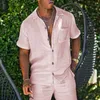 Beach Men Summer Fashion Solid Linen Tracksuit Clothing Casual Mens Sets Short Sleeve Lapel Button Shirts Shorts Suit 240415